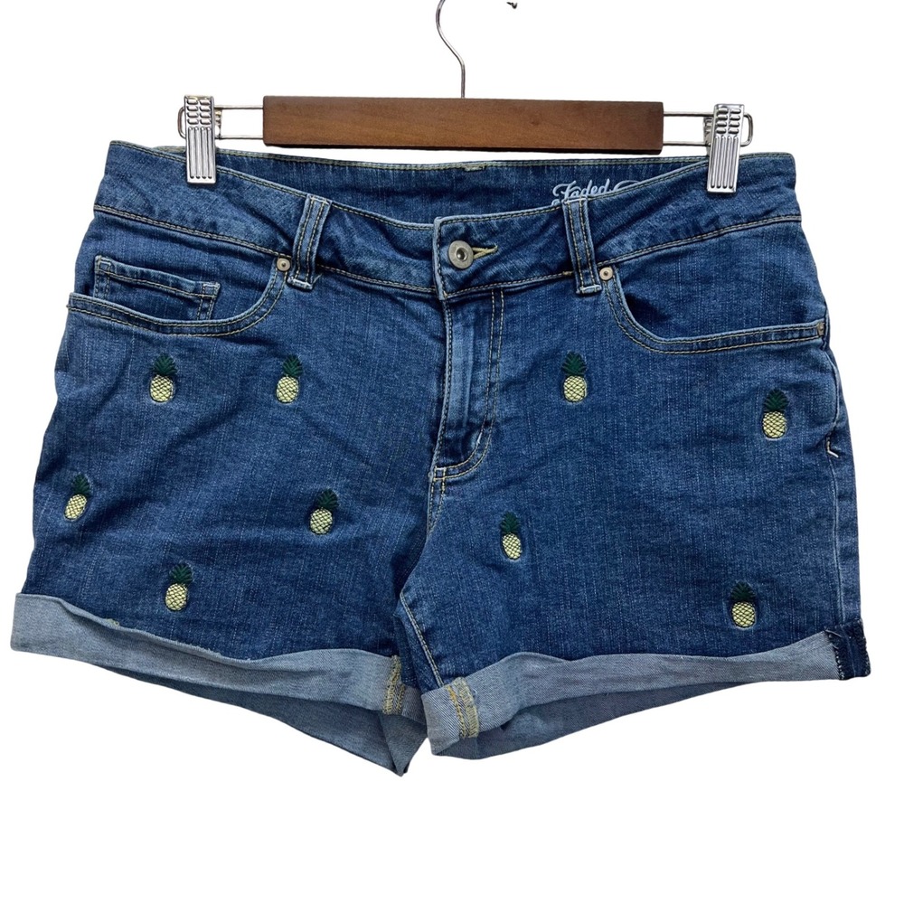 Faded Glory Pineapple Embroidered Denim Shorts Womens 8 Blue Cuffed Mid Rise